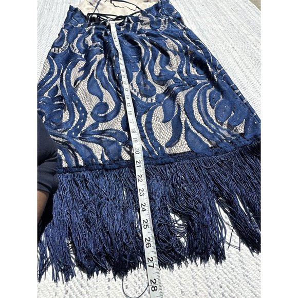 K Jordan Lace Dress Women's Large Navy Blue V-Neck Fringe Hem Spaghetti Strap - Picture 11 of 12